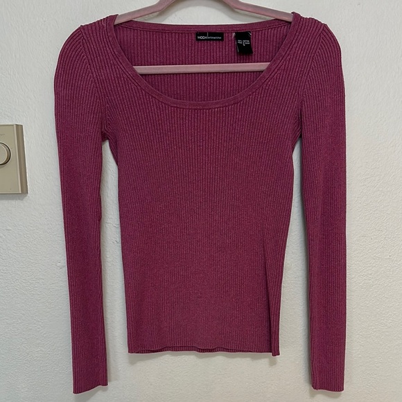 Moda International Sweaters - Moda International Ribbed Knit Top in Deep Berry Long Sleeve Scoop Neck Cotton